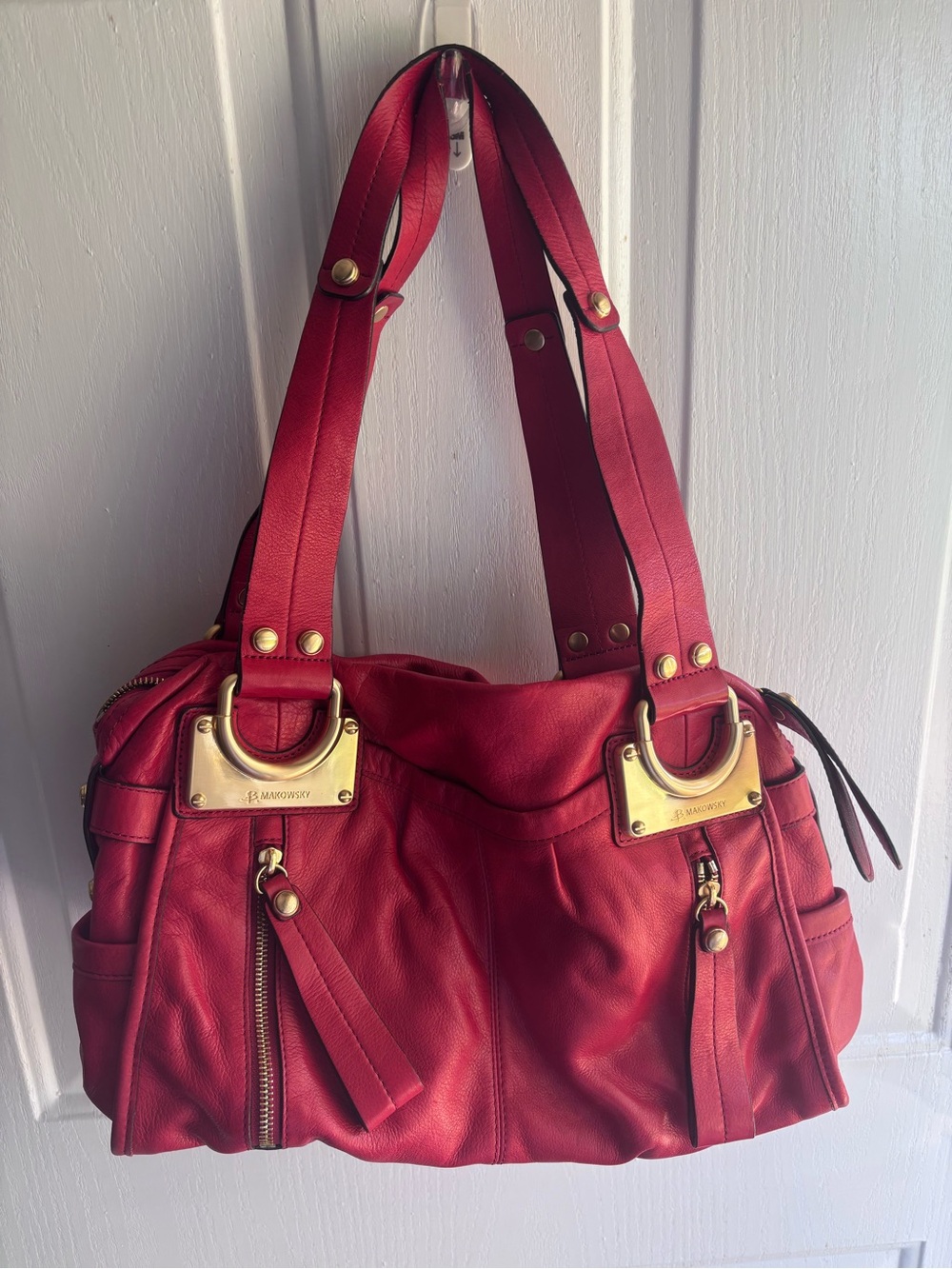 b. makowsky Red Leather Shoulder Bag with Gold Hardware